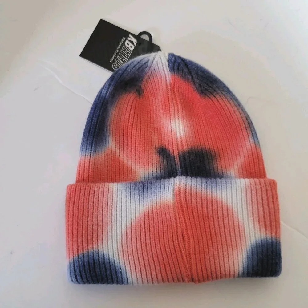 KB Ethos Beanie Hat NWT Stocking Cap Fisherman Warm Blue Orange White Tie Dyed